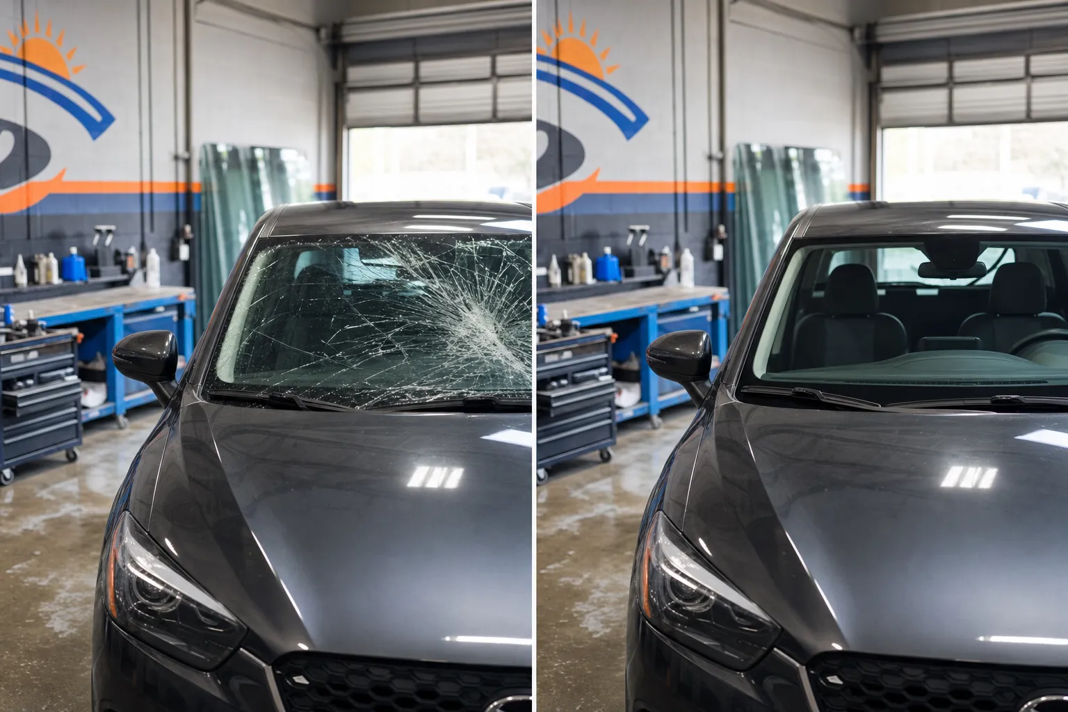 Side-by-side photo of a windshield. Left: spider-webbed crack across the driver's side. Right: the same vehicle after replacement, glass clean and intact.