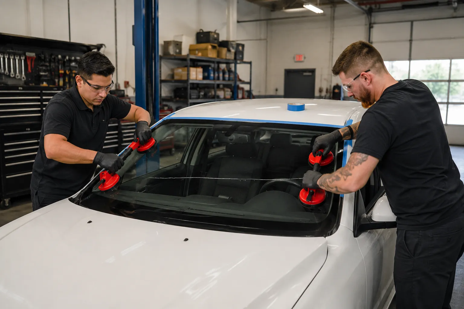 Two auto glass technicians installing a new windshield on a white sedan using red suction-cup handles inside a clean shop.