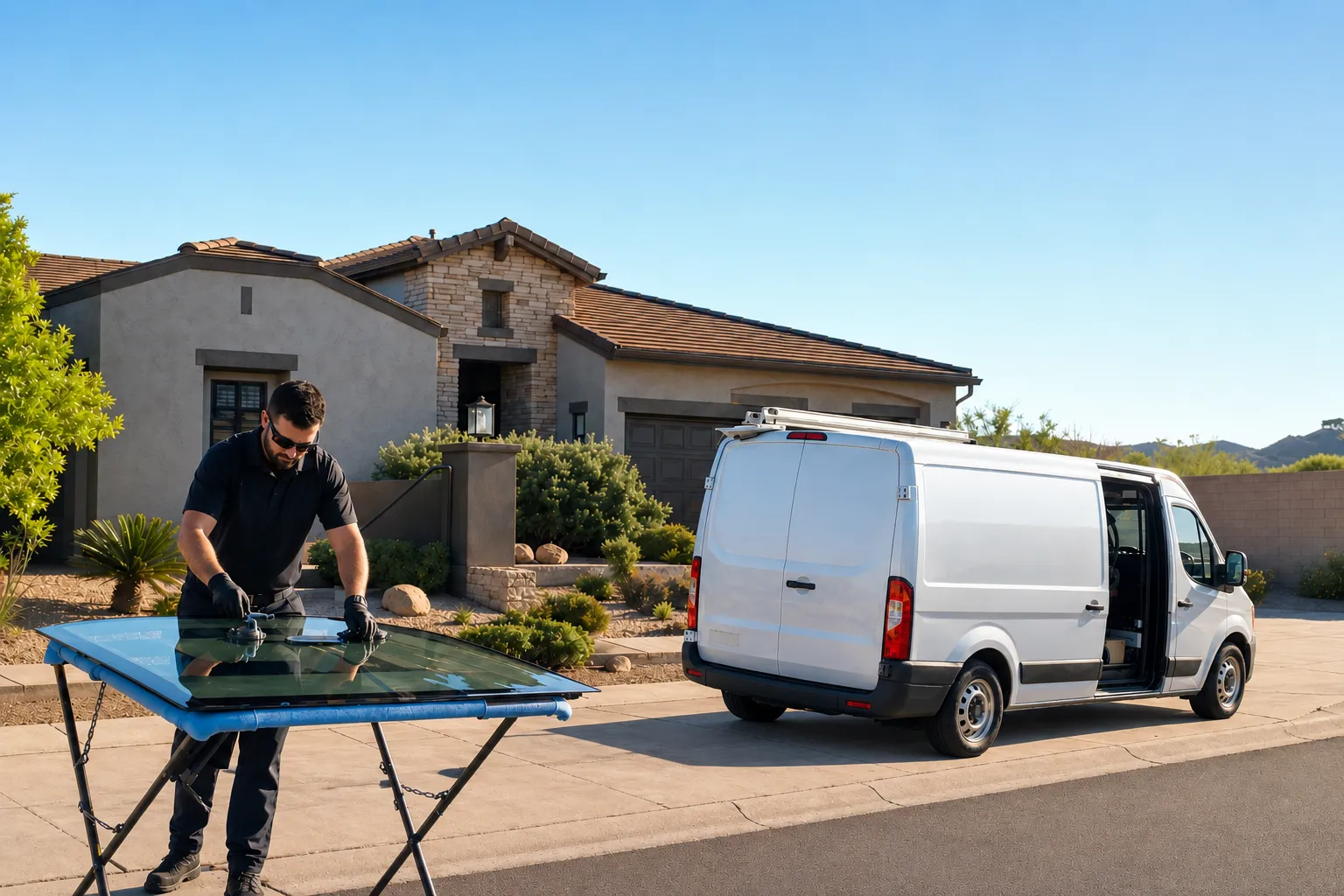 Auto glass technician working on a new windshield laid out on a foldable work table in front of a Scottsdale-style adobe home, with a white service van parked in the driveway.