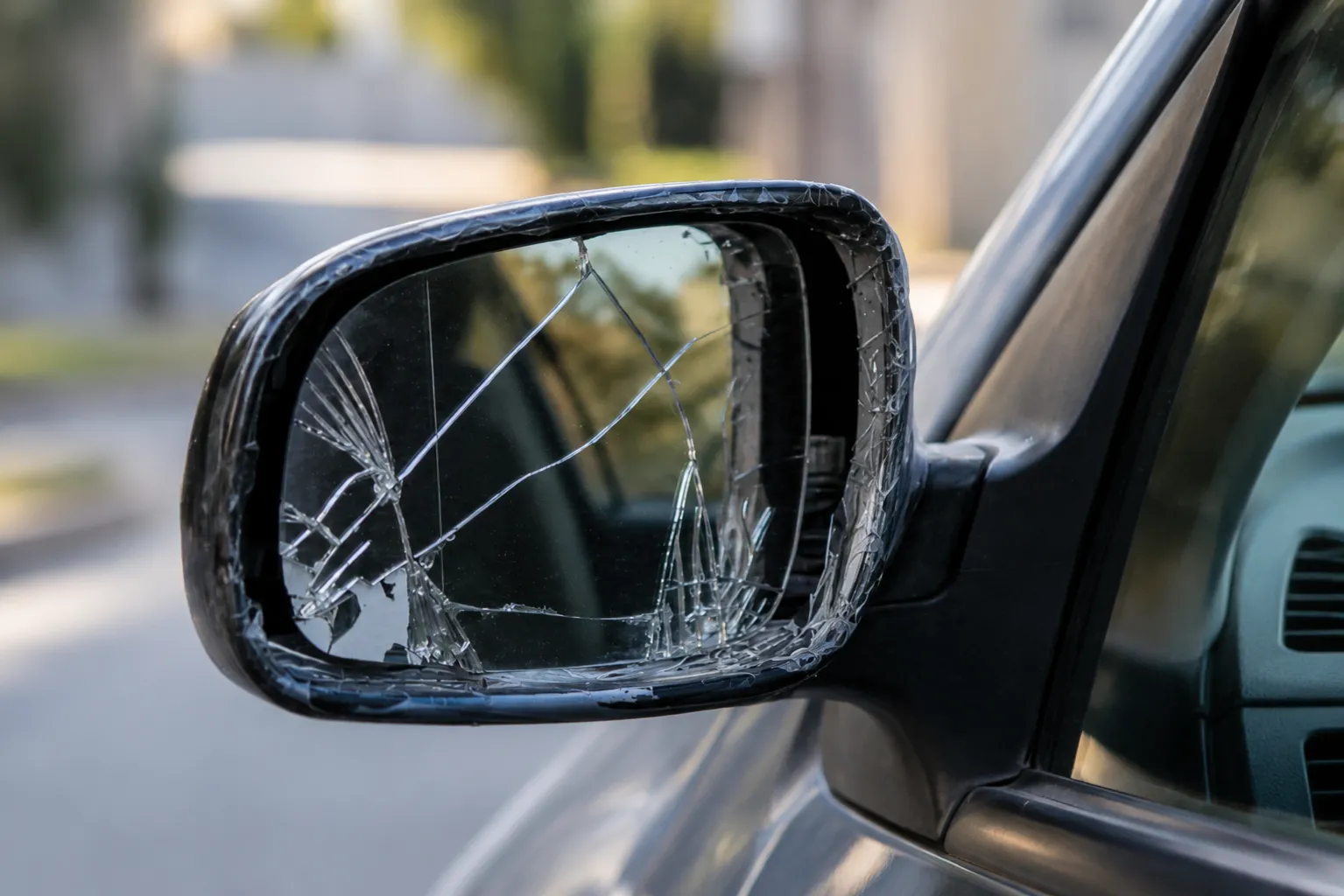 Close-up of a vehicle's driver-side mirror with the reflective glass shattered into a star pattern.
