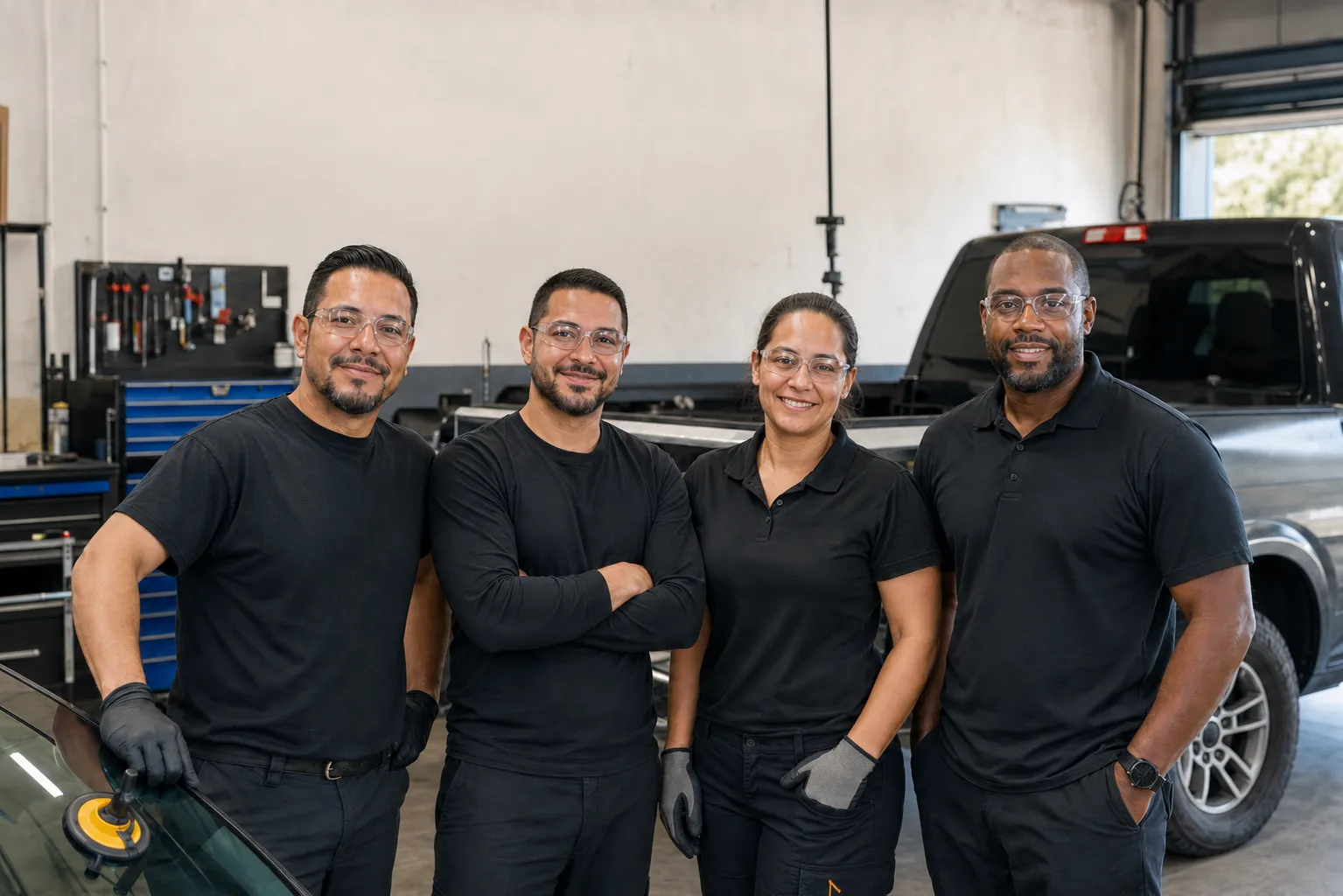 Four auto glass technicians in matching black uniforms and safety glasses, posing together inside a clean Scottsdale-area shop.