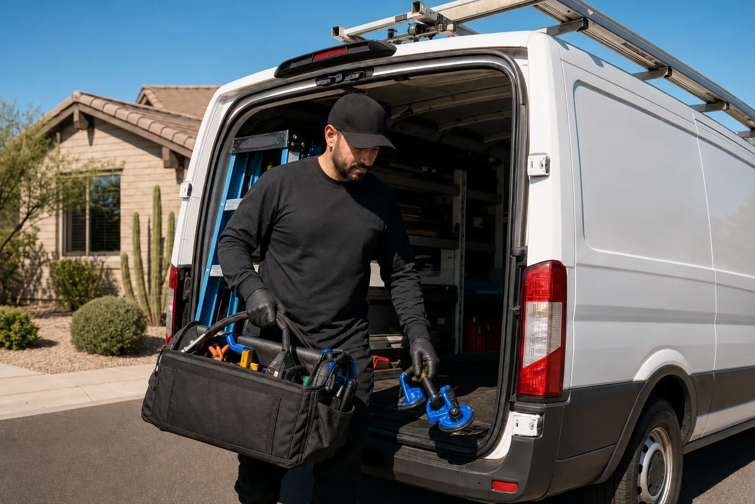 Auto glass technician unloading suction-cup tools and a glass-handling kit from a white service van in a desert driveway.